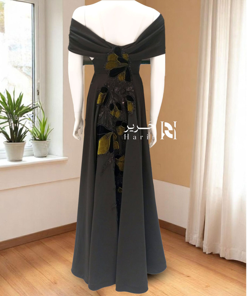 Elegant Black Evening Gown with Olive Floral Embroidery and Off-Shoulder Design Elegant Black Evening Gown with Olive Floral Embroidery and Off-Shoulder Design