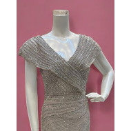 Beige Chiffon Evening Gown with Silver Embellishments and Mermaid Cut