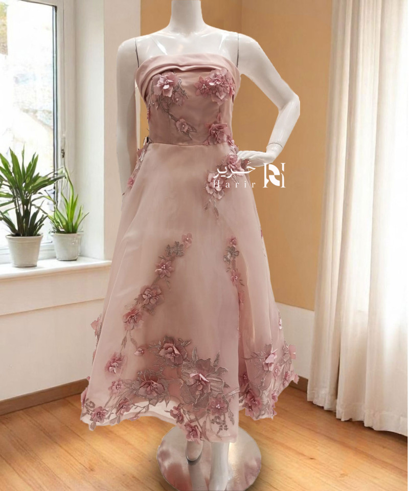 Light Pink 3D Floral Embroidered Midi Evening Dress with Adjustable Lace-Up Back Light Pink 3D Floral Embroidered Midi Evening Dress with Adjustable Lace-Up Back