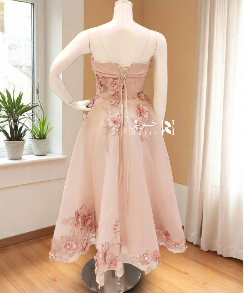 Light Pink 3D Floral Embroidered Midi Evening Dress with Adjustable Lace-Up Back Light Pink 3D Floral Embroidered Midi Evening Dress with Adjustable Lace-Up Back