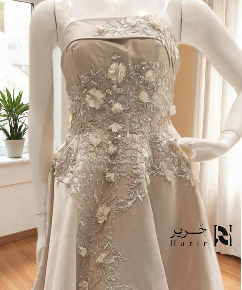 Light Beige Evening Gown with 3D Floral Hand Embroidery and Double-Layered Skirt Light Beige Evening Gown with 3D Floral Hand Embroidery and Double-Layered Skirt