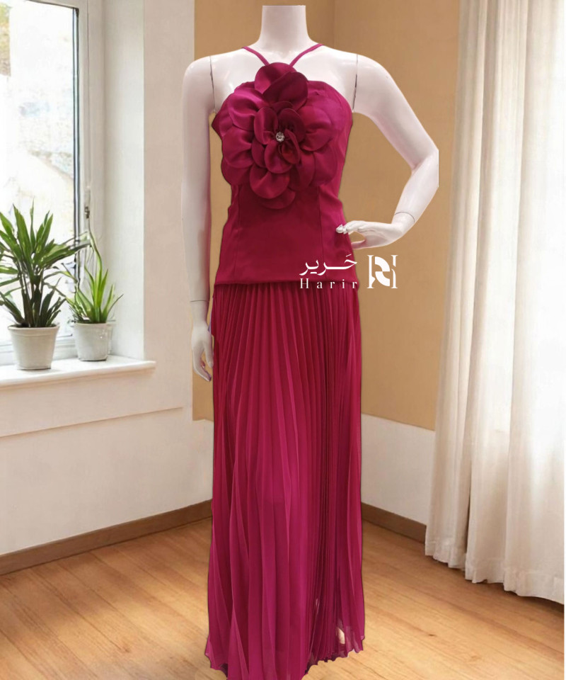 Fuchsia Pleated Evening Dress with 3D Floral Detail on Bodice Fuchsia Pleated Evening Dress with 3D Floral Detail on Bodice