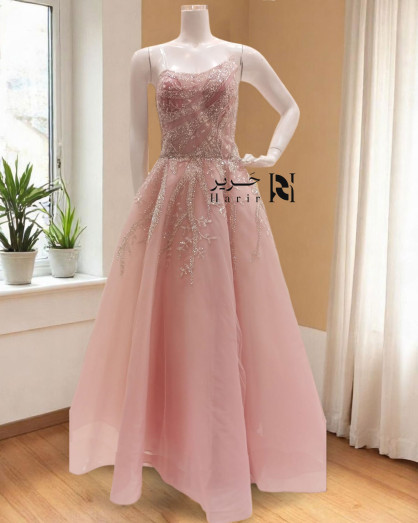 Light Pink Asymmetrical Hand-Embroidered Evening Dress with