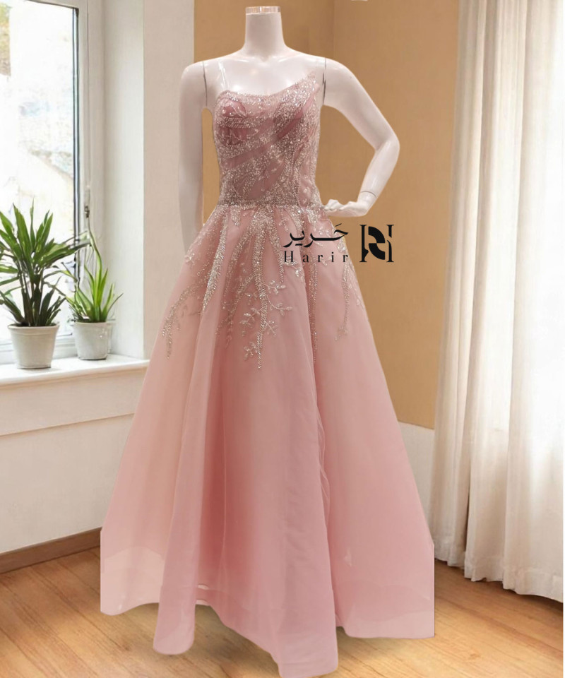 Light Pink Asymmetrical Hand-Embroidered Evening Dress with Flowing Layers Light Pink Asymmetrical Hand-Embroidered Evening Dress with Flowing Layers