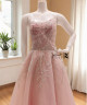 Light Pink Asymmetrical Hand-Embroidered Evening Dress with Flowing Layers Light Pink Asymmetrical Hand-Embroidered Evening Dress with Flowing Layers