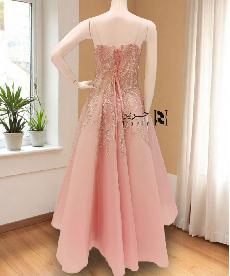 Light Pink Asymmetrical Hand-Embroidered Evening Dress with Flowing Layers Light Pink Asymmetrical Hand-Embroidered Evening Dress with Flowing Layers