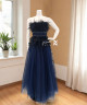 Elegant Navy Blue Feathered Gown with Tulle Skirt Elegant Navy Blue Feathered Gown with Tulle Skirt