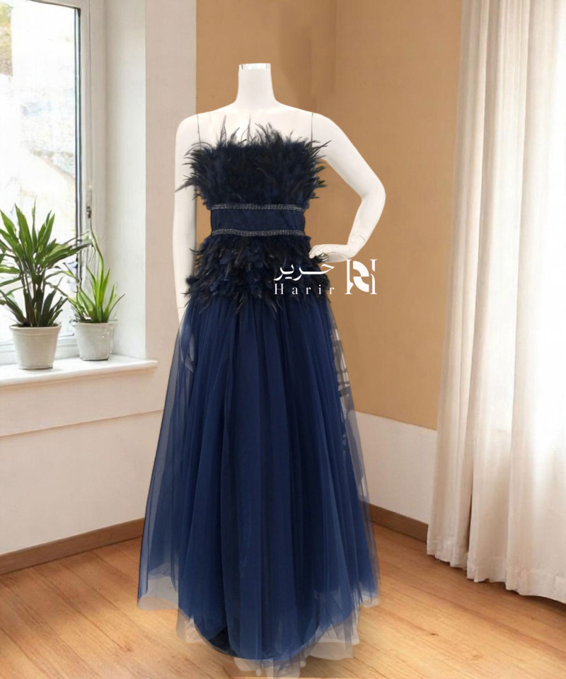 Elegant Navy Blue Feathered Gown with Tulle Skirt Elegant Navy Blue Feathered Gown with Tulle Skirt