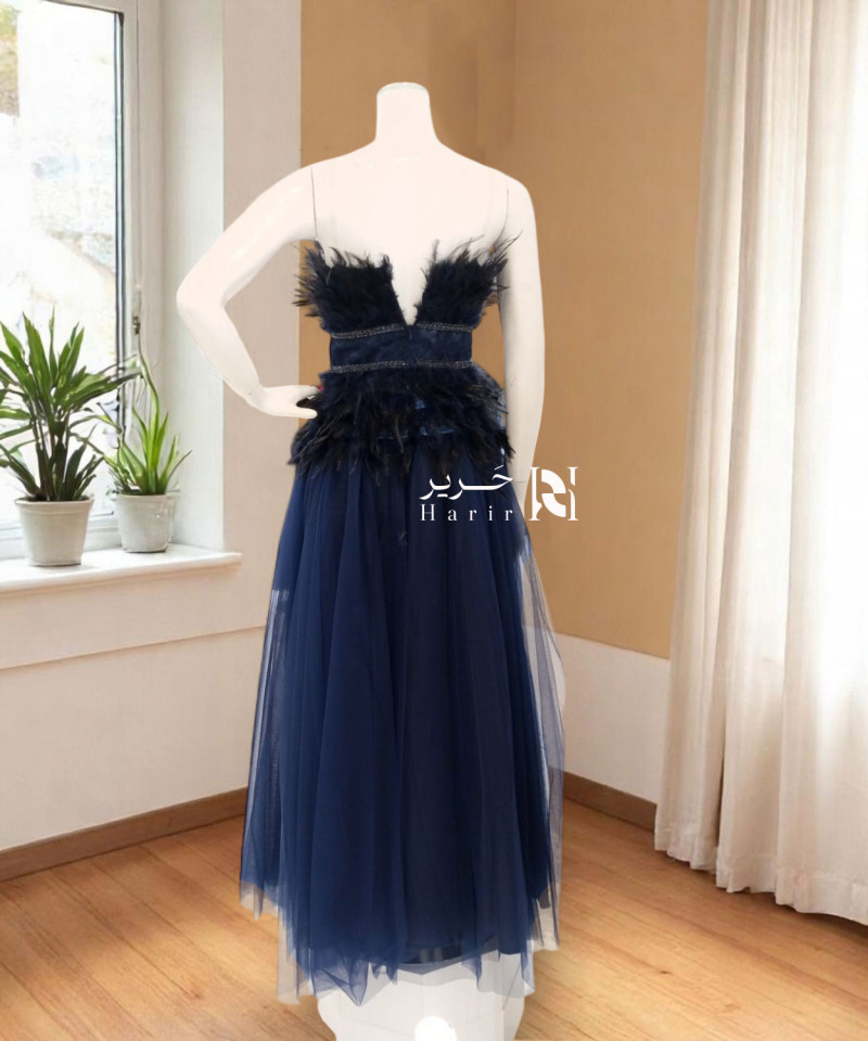 Elegant Navy Blue Feathered Gown with Tulle Skirt Elegant Navy Blue Feathered Gown with Tulle Skirt
