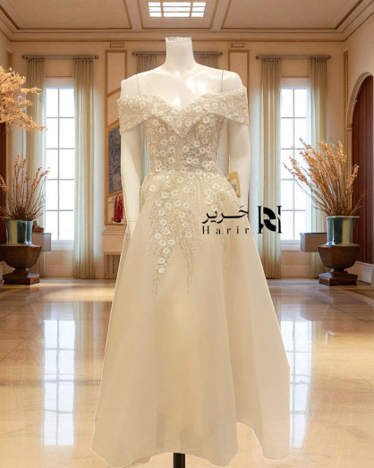 Ivory Beige Off-Shoulder Gown with Floral Crystal Embroidery -