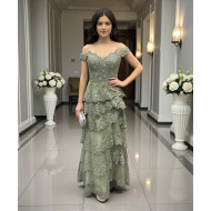 Pistachio Evening Dress with Layered Embroidered Lace