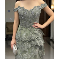 Pistachio Evening Dress with Layered Embroidered Lace