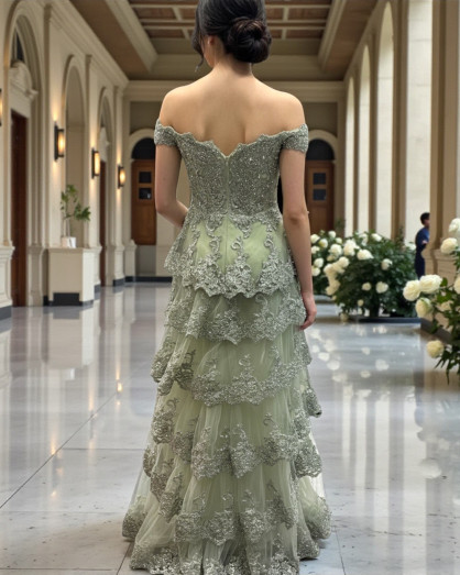 Pistachio Evening Dress with Layered Embroidered Lace - Pistachio Evening Dress with Layered Embroidered Lace -