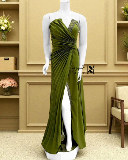 Olive Draped Evening Gown with Sequin-Embellished Neckline - Olive Draped Evening Gown with Sequin-Embellished Neckline -