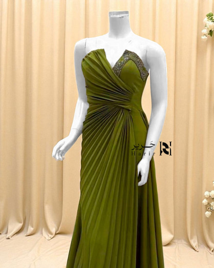Olive Draped Evening Gown with Sequin-Embellished Neckline -