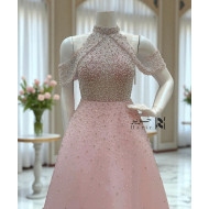 Blush Pink Gown with Cold-Shoulder Design and Pearl Sequin Embroidery