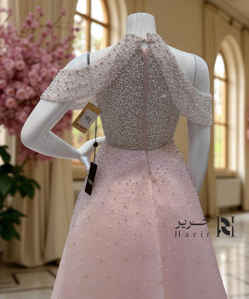 Blush Pink Gown with Cold-Shoulder Design and Pearl Sequin Embroidery