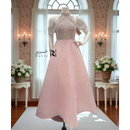 Blush Pink Gown with Cold-Shoulder Design and Pearl Sequin Embroidery
