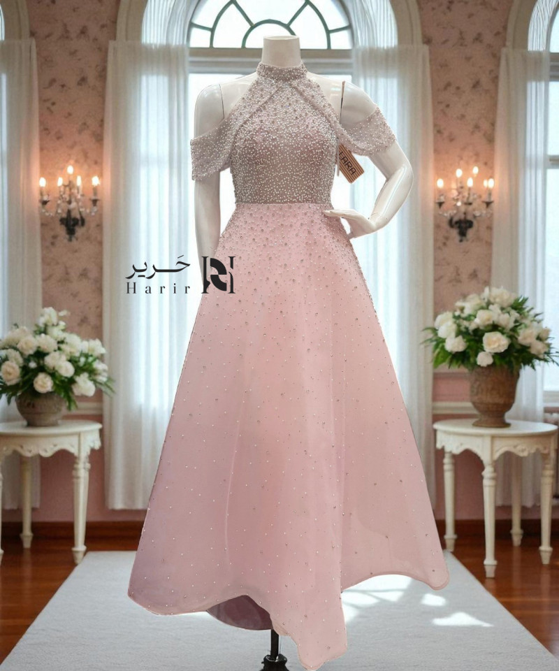 Blush Pink Gown with Cold-Shoulder Design and Pearl Sequin Embroidery