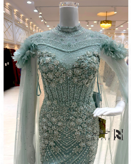 Regal Mint Green Gown with Royal Embroidery and Sheer Cape - Regal Mint Green Gown with Royal Embroidery and Sheer Cape -