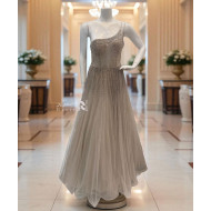  Beige Evening Dress with Sparkling Sequins and Asymmetrical Straps