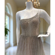  Beige Evening Dress with Sparkling Sequins and Asymmetrical Straps