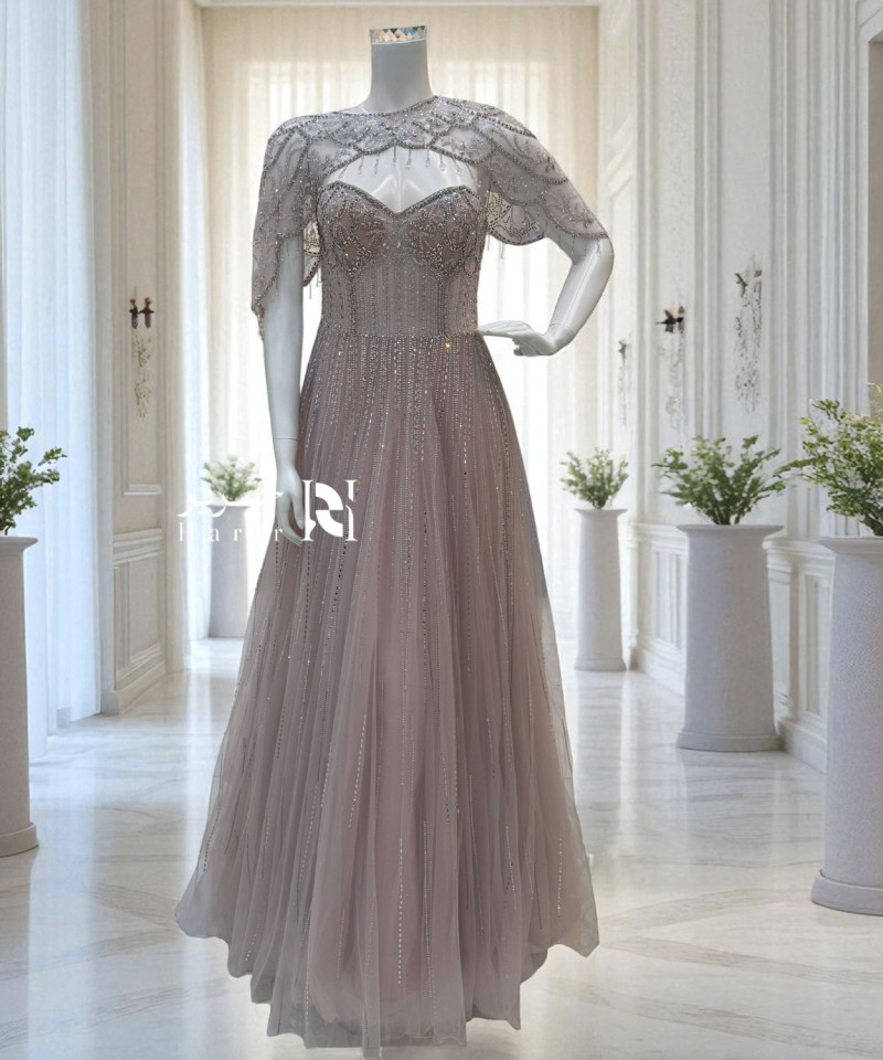 Elegant Lavender Evening Dress with Beaded Cape and Crystal Embellishments