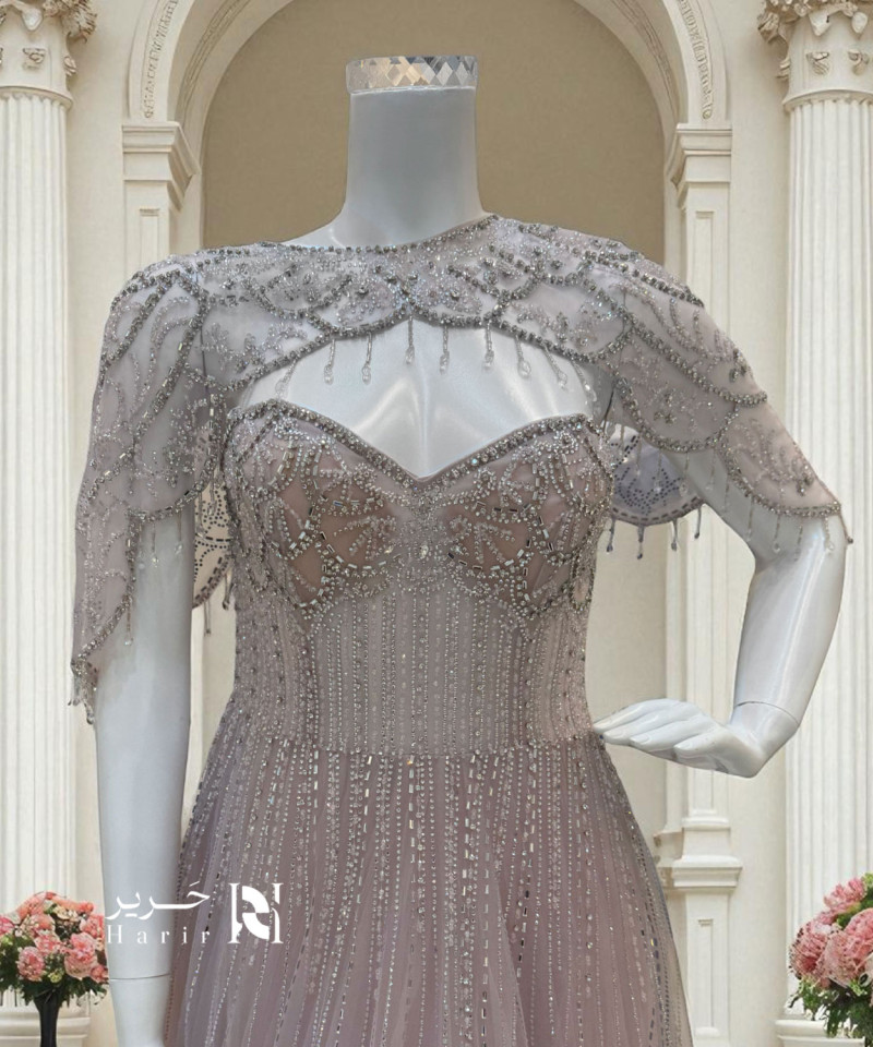 Elegant Lavender Evening Dress with Beaded Cape and Crystal Embellishments