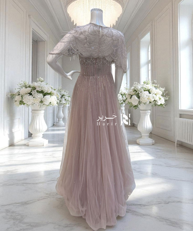 Elegant Lavender Evening Dress with Beaded Cape and Crystal Embellishments