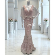 Blush Pink Beaded Gown with Elegant Draped Cape