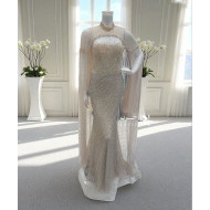 Beige evening dress embroidered with a luxurious shimmering cape.  