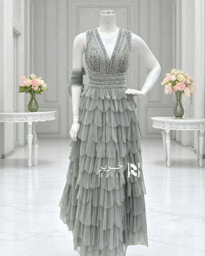Muted Sage Green Evening Dress with Beaded Bodice and Pleated Petals -