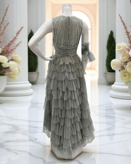 beaded midi dress with sheer ruffled sleeves in frosted sage Green Beaded Midi Dress With Sheer Ruffled Sleeves