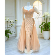  Peach Evening Gown with Luxurious Embroidery and Sheer Long Sleeves