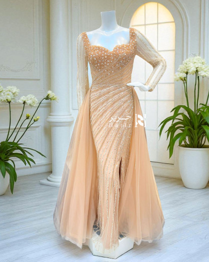 princess polly baby blue dress Peach Evening Gown with Luxurious Embroidery and Sheer Long Sleeves -
