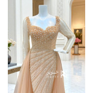  Peach Evening Gown with Luxurious Embroidery and Sheer Long Sleeves