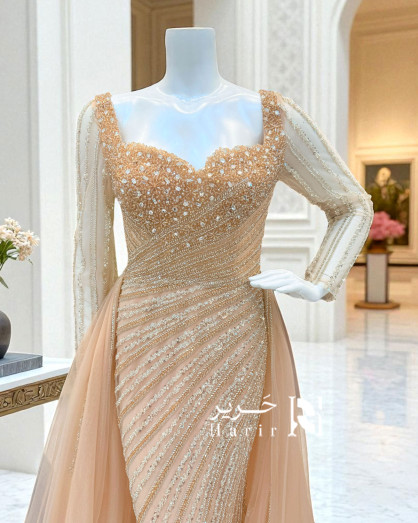 peach long sleeve prom dresses Beaded Sheer Peach Pink 3D Rose Trumpet Prom Gown