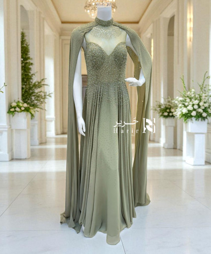 فستان سهرة زيتوني فاخر بكاب شيفون مطرّز