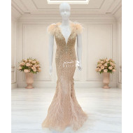 Beige Fully Embroidered Evening Dress with Luxurious Feather Details