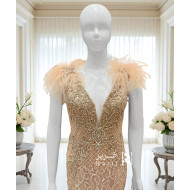 Beige Fully Embroidered Evening Dress with Luxurious Feather Details