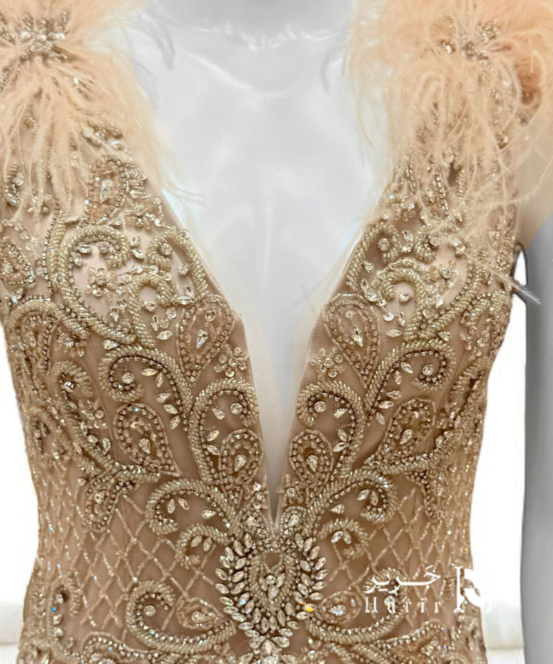 فستان سهرة بيج مطرّز بالكامل بتفاصيل ريش فاخرة