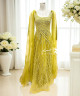 فستان سهرة أصفر فاخر بتطريز يدوي وانسيابية تول