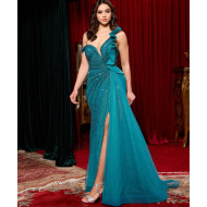 فستان سهرة فيروزي راق  بكتف واحد وفتحة جانبية طويلة