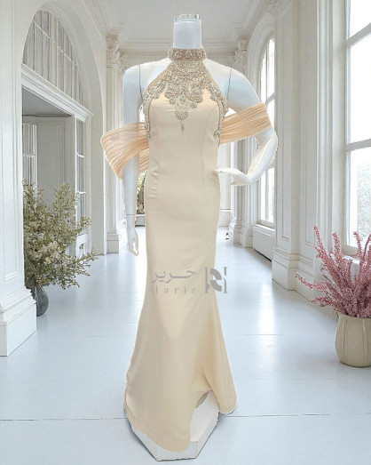 ivory and gold formal dress Cap Sleeve Gold Lace Prom Dresses See Through Neckline Formal Dress ARD1967 main image 0