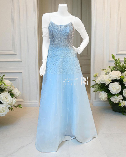 light blue dress with sparkles Sky Evening Crystal & Beaded Embroidery up halter straps for