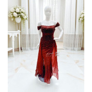 فستان سهرة أحمر أوف شولدر مطرز بالترتر اللامع