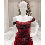 فستان سهرة أحمر أوف شولدر مطرز بالترتر اللامع