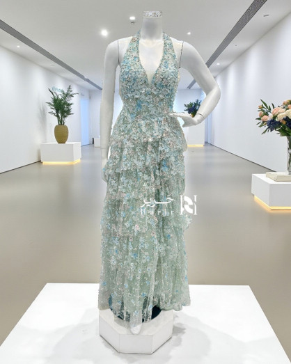 mint floral halter dress Blue Neck 3D Embroidered Tulle Evening global-supplier-Arnav Embroideries Pvt Ltd