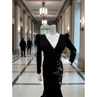 Black Velvet Evening Dress with Silver Embroidery