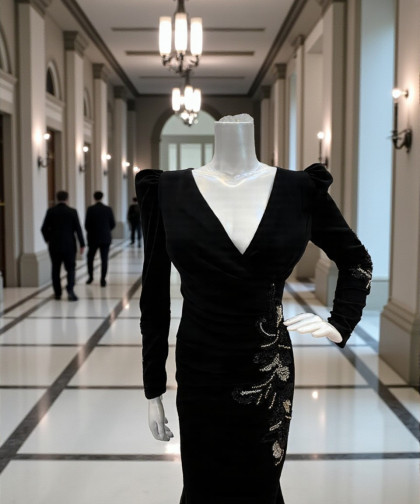 فستان سهرة أسود مخملي بتطريز فضي أنيق